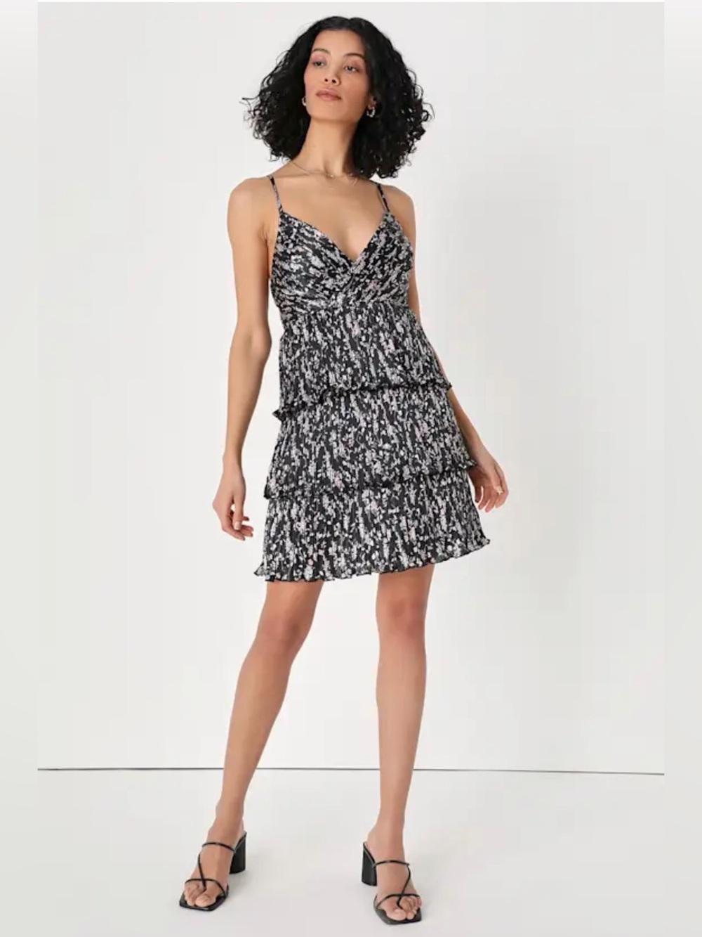 Lulu's Black and Floral Tiered V-Neck Spaghetti Strap Mini Dress